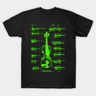 Green Neon Da Vinci violin blueprint T-Shirt